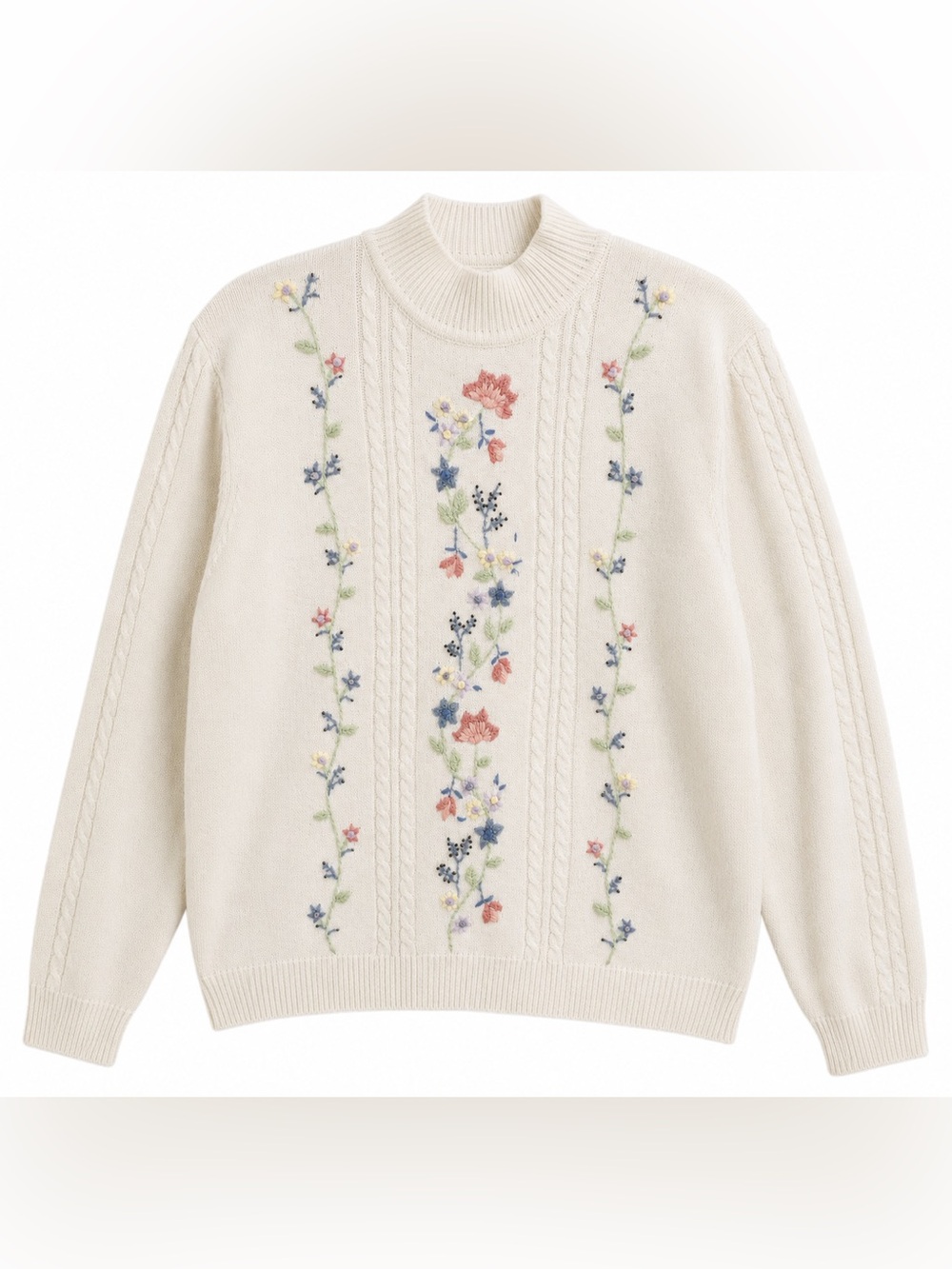 Floral Embroidered Cable Knit Sweater Ivory Beaded Cottagecore L/XL